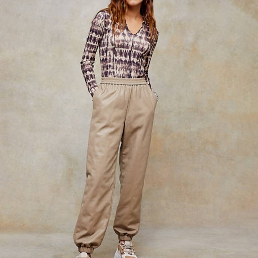 NWT Topshop Women’s Tan faux leather sweatpants drawstring joggers pants